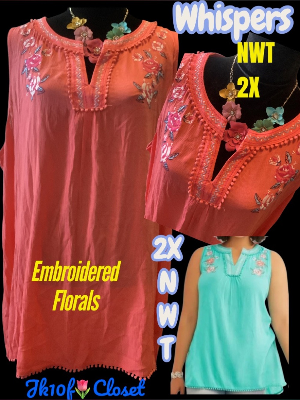 LOWEST🌺 NWT Whispers 2X BOHO BRIGHT CORAL w/EMBROIDERED FLORALS NECKLINE TOP